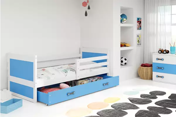 Visualizzazione per Letto singolo per ragazzi RICO 90x190 con materasso e cassetto, bianco/blu