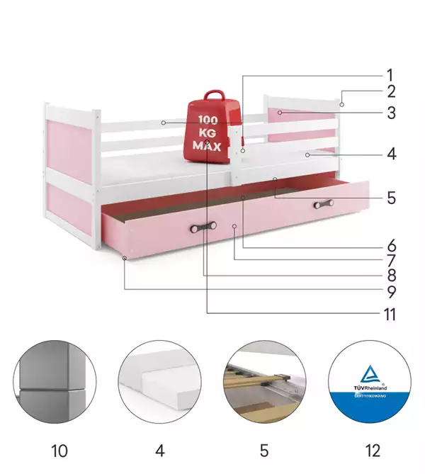 Componenti del Letto singolo per ragazzi RICO 90x190 con materasso e cassetto, bianco/rosa Componenti del Letto singolo per ragazzi RICO 90x190 con materasso e cassetto, bianco/rosa