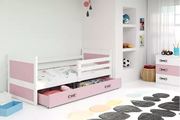 Visualizzazione per Letto singolo per ragazzi RICO 90x190 con materasso e cassetto, bianco/rosa