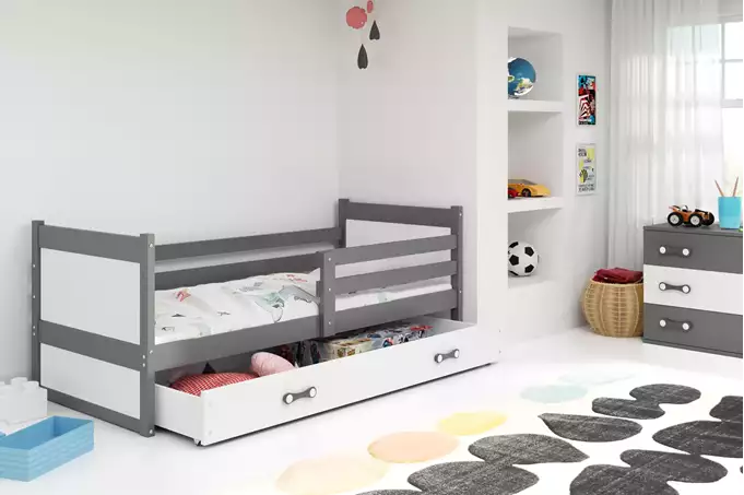 Visualizzazione per Letto singolo per ragazzi RICO 90X190 con materasso e cassetto, grafite/bianco