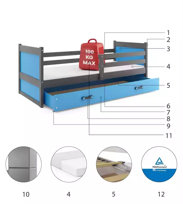 Componenti del Letto singolo per ragazzi RICO 90x190 con materasso e cassetto, grafite/blu Componenti del Letto singolo per ragazzi RICO 90x190 con materasso e cassetto, grafite/blu