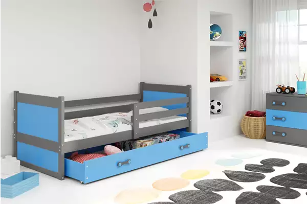 Visualizzazione per Letto singolo per ragazzi RICO 90x190 con materasso e cassetto, grafite/blu Visualizzazione per Letto singolo per ragazzi RICO 90x190 con materasso e cassetto, grafite/blu