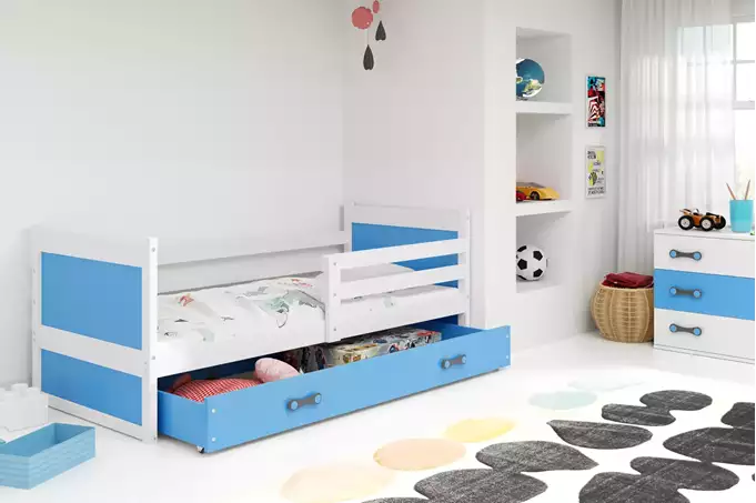 Visualizzazione per Letto singolo per ragazzi RICO 90x200 con cassetto, bianco/blu