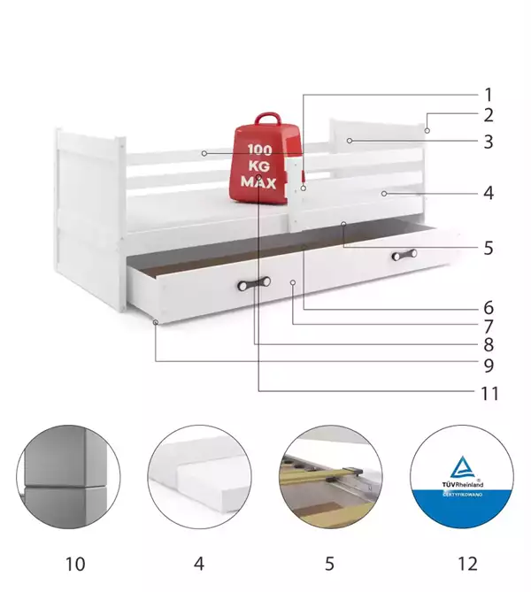 Componenti del Letto singolo per ragazzi RICO 90X200 con cassetto, bianco Componenti del Letto singolo per ragazzi RICO 90X200 con cassetto, bianco