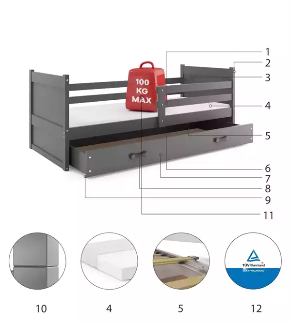 Componenti del Letto singolo per ragazzi RICO 90x200 con cassetto, grafite Componenti del Letto singolo per ragazzi RICO 90x200 con cassetto, grafite