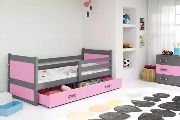 Visualizzazione per Letto singolo per ragazzi RICO 90X200 con cassetto, grafite/rosa Visualizzazione per Letto singolo per ragazzi RICO 90X200 con cassetto, grafite/rosa