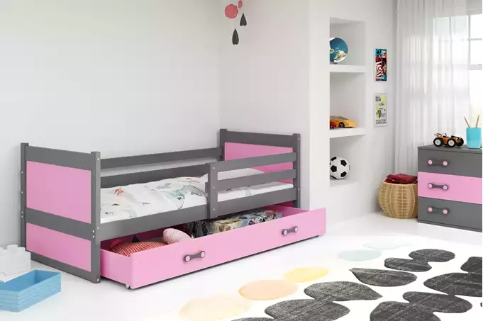 Visualizzazione per Letto singolo per ragazzi RICO 90X200 con cassetto, grafite/rosa