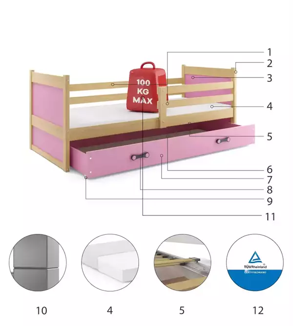 Componenti del Letto singolo per ragazzi RICO 90x200 con cassetto, pino/rosa Componenti del Letto singolo per ragazzi RICO 90x200 con cassetto, pino/rosa