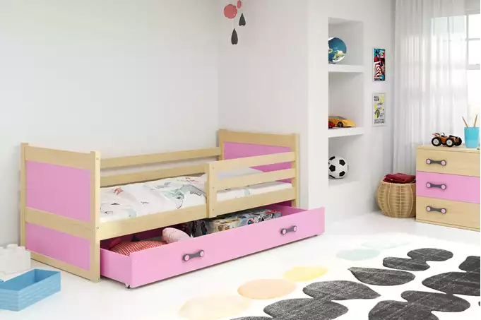 Visualizzazione per Letto singolo per ragazzi RICO 90x200 con cassetto, pino/rosa