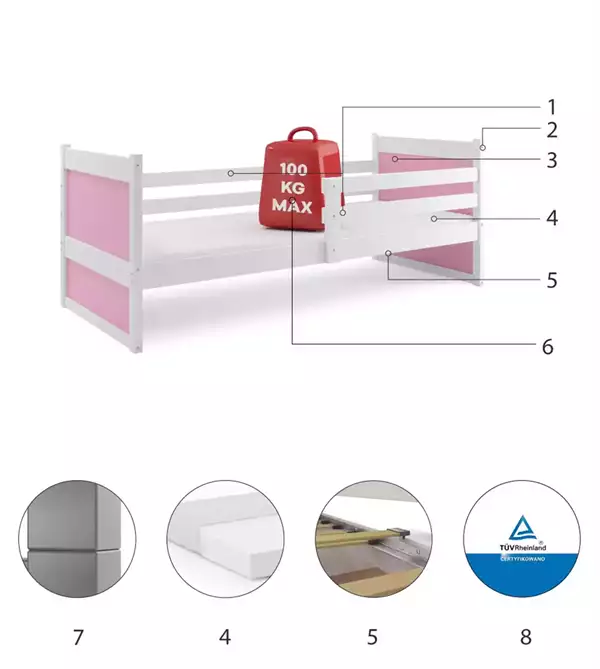 Componenti del Letto singolo per ragazzi RICO 90x200 con materasso, bianco/rosa Componenti del Letto singolo per ragazzi RICO 90x200 con materasso, bianco/rosa