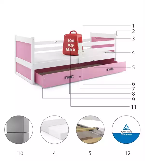 Componenti del Letto singolo per ragazzi RICO 90x200 con materasso e cassetto, bianco/rosa