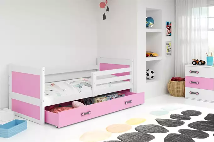 Visualizzazione per Letto singolo per ragazzi RICO 90x200 con materasso e cassetto, bianco/rosa