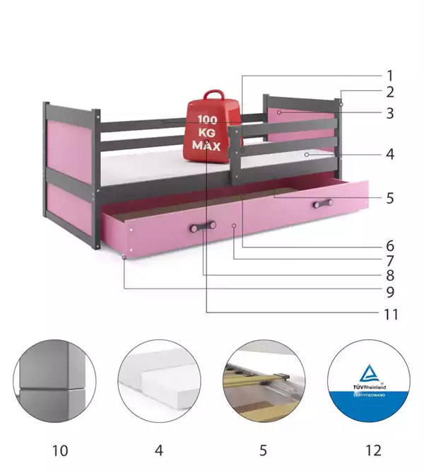 Componenti del Letto singolo per ragazzi RICO 90x200 con materasso e cassetto, grafite/rosa Componenti del Letto singolo per ragazzi RICO 90x200 con materasso e cassetto, grafite/rosa