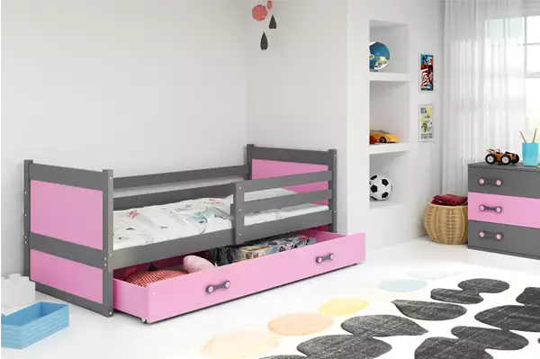 Visualizzazione per Letto singolo per ragazzi RICO 90x200 con materasso e cassetto, grafite/rosa Visualizzazione per Letto singolo per ragazzi RICO 90x200 con materasso e cassetto, grafite/rosa
