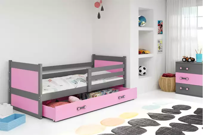 Visualizzazione per Letto singolo per ragazzi RICO 90x200 con materasso e cassetto, grafite/rosa