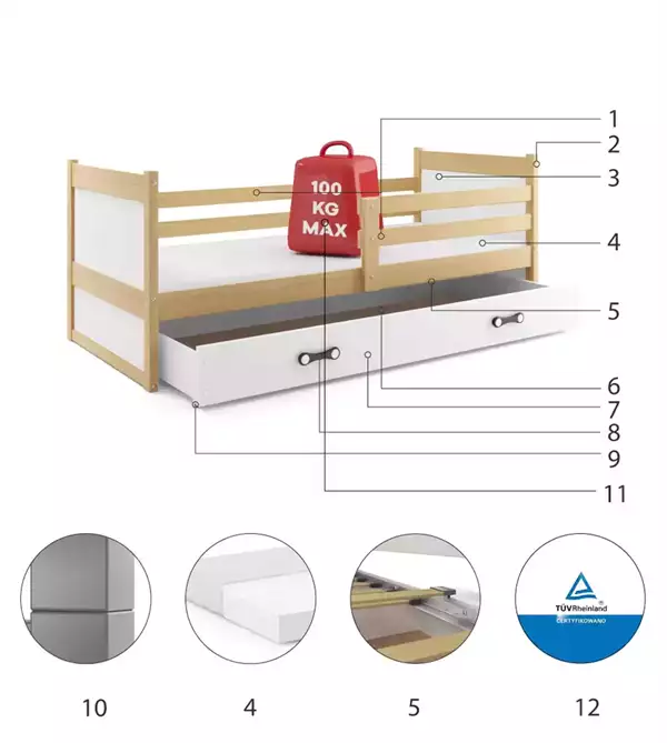 Componenti del Letto singolo per ragazzi RICO 90x200 con materasso e cassetto, pino/bianco Componenti del Letto singolo per ragazzi RICO 90x200 con materasso e cassetto, pino/bianco