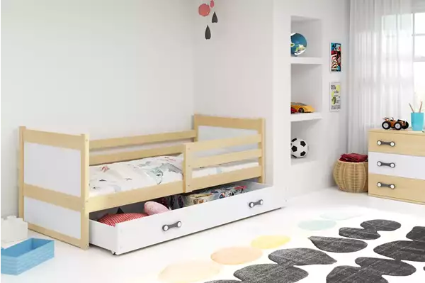 Visualizzazione per Letto singolo per ragazzi RICO 90x200 con materasso e cassetto, pino/bianco Visualizzazione per Letto singolo per ragazzi RICO 90x200 con materasso e cassetto, pino/bianco