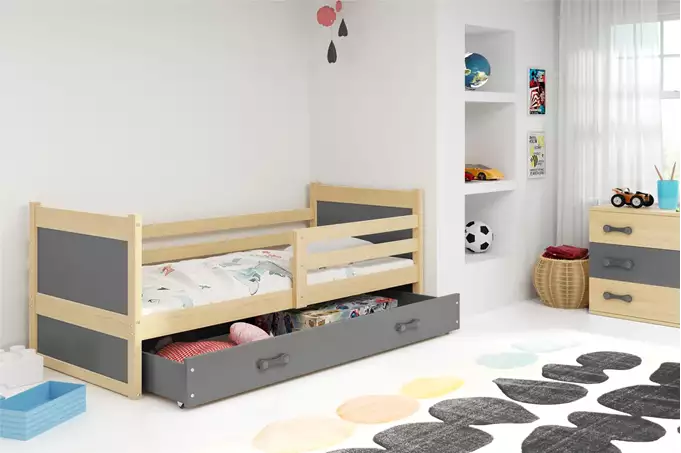 Visualizzazione per Letto singolo per ragazzi RICO 90x200 con materasso e cassetto, pino/grafite