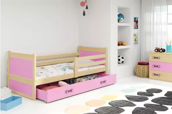Visualizzazione per Letto singolo per ragazzi RICO 90x200 con materasso e cassetto, pino/rosa Visualizzazione per Letto singolo per ragazzi RICO 90x200 con materasso e cassetto, pino/rosa