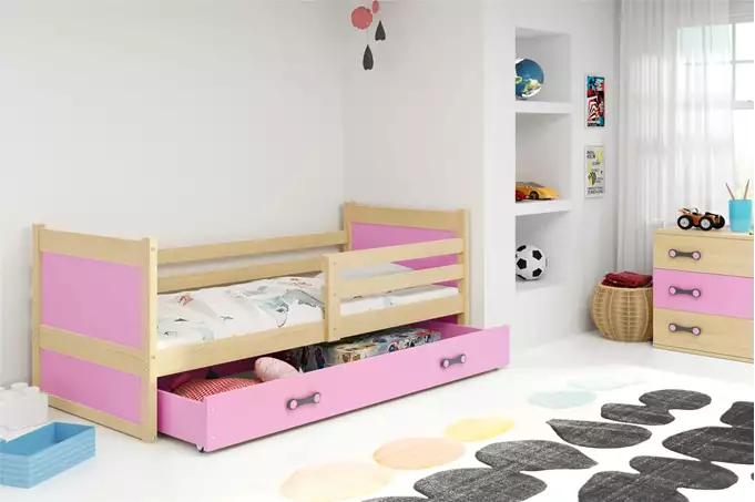 Visualizzazione per Letto singolo per ragazzi RICO 90x200 con materasso e cassetto, pino/rosa