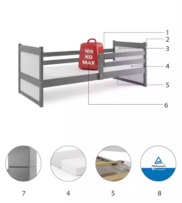 Componenti del Letto singolo per ragazzi RICO 90X200 con materasso, grafite/bianco Componenti del Letto singolo per ragazzi RICO 90X200 con materasso, grafite/bianco