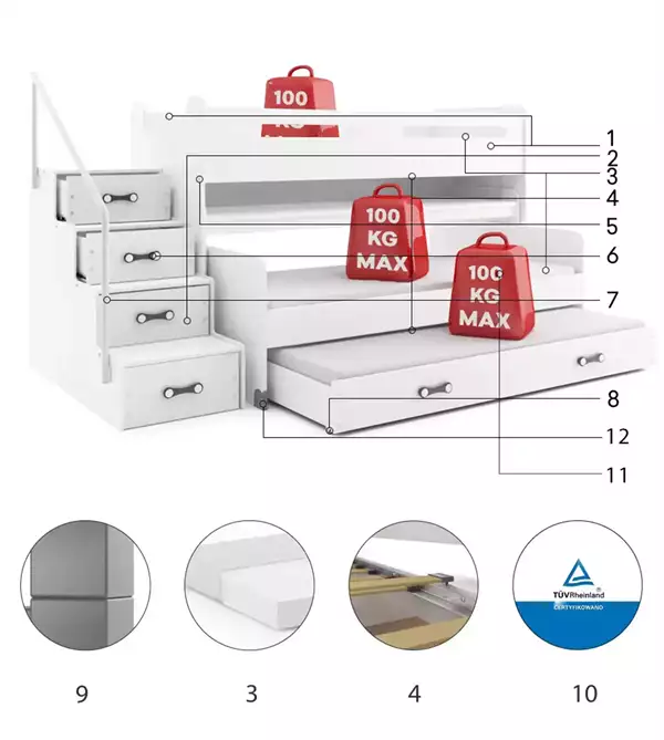Componenti del Letto triplo per adolescenti MAX 1 80X200 con materasso e scrivania, bianco