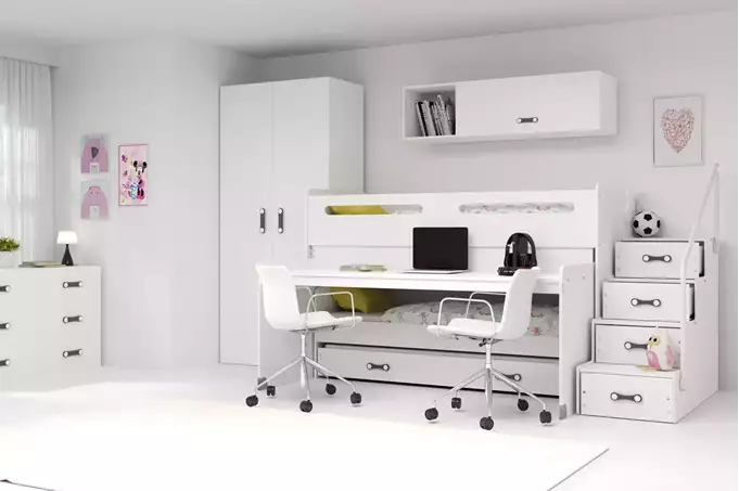 Visualizzazione per Letto triplo per adolescenti MAX 1 80X200 con materasso e scrivania, bianco
