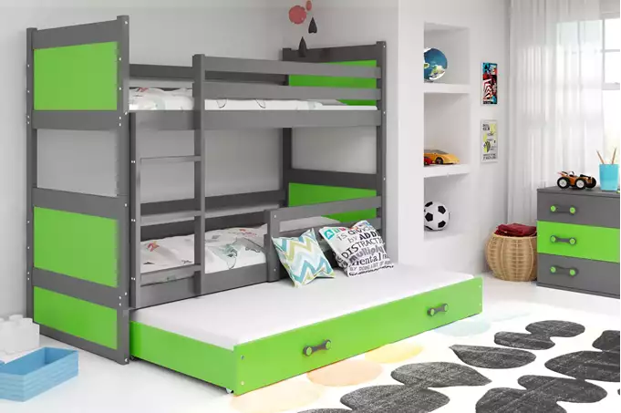 Visualizzazione per Letto triplo per ragazzi RICO 90x200 con cassetto, grafite/verde